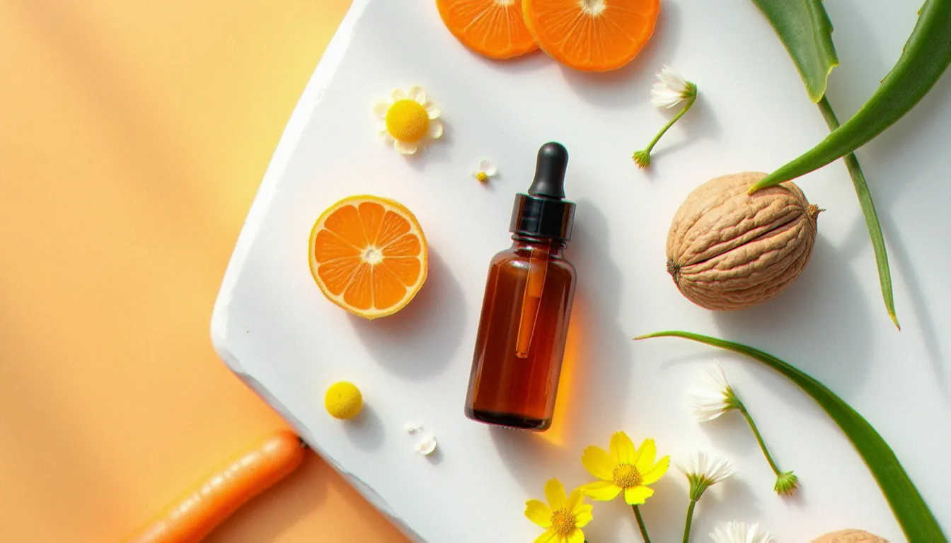 Flacon d'huile accélératrice de bronzage entouré d'ingrédients naturels — carotte, noix, aloe vera — sur surface en pierre blanche en lumière naturelle
