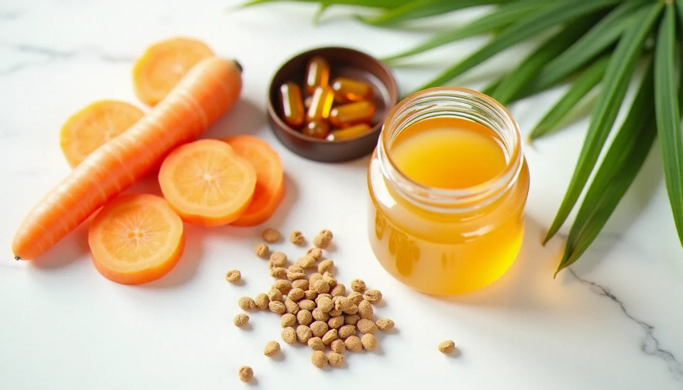 Ingrédients naturels composant un accélérateur de bronzage puissant disposés sur marbre blanc — huile de coco, carottes, aloe vera, vitamine E et guarana