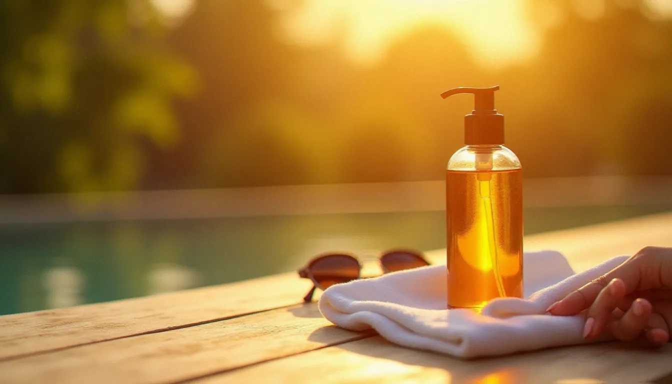 Flacon d'accélérateur de bronzage puissant tenu à la lumière du soleil dans un parc estival français, ambiance dorée et lumineuse