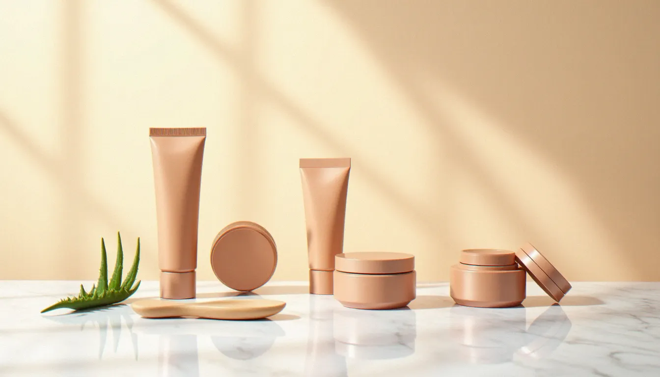 Comparatif de différentes crèmes bronzantes disposées sur marbre blanc avec accessoires de soin naturels
