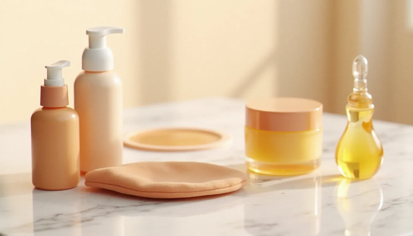 Sélection de produits crème bronzante — mousse, huile et crème avec gant d'application — disposés en flat lay sur un marbre blanc en lumière naturelle