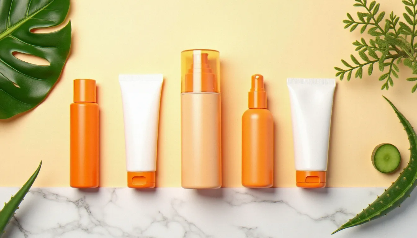 Sélection de crèmes pour le bronzage avec ingrédients naturels comme la carotte et l'aloe vera sur fond blanc