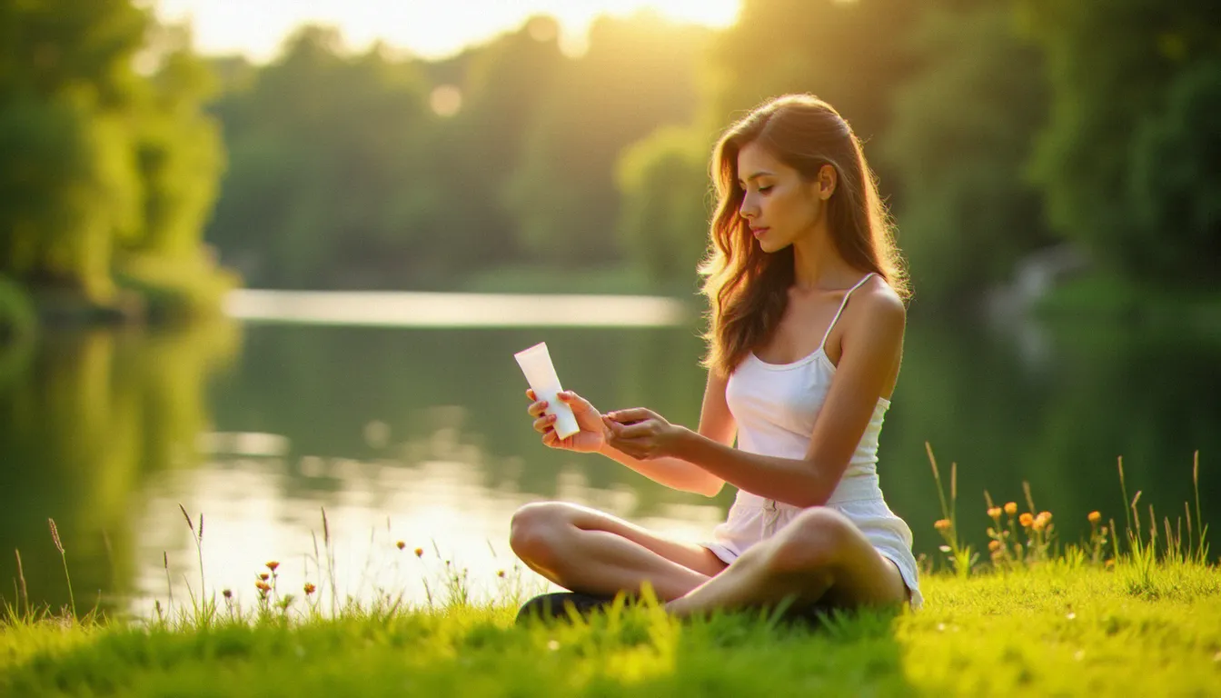 Femme appliquant une crème pour le bronzage sur les bords d'une rivière auvergnate par une journée ensoleillée d'été
