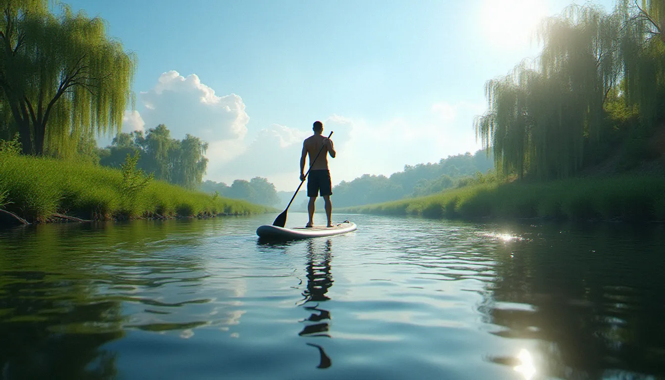 Vue aérienne d'un parc en bord de rivière auvergnate en été avec des promeneurs profitant du soleil, cadre typique où l'utilisation d'une crème solaire bronzante est essentielle