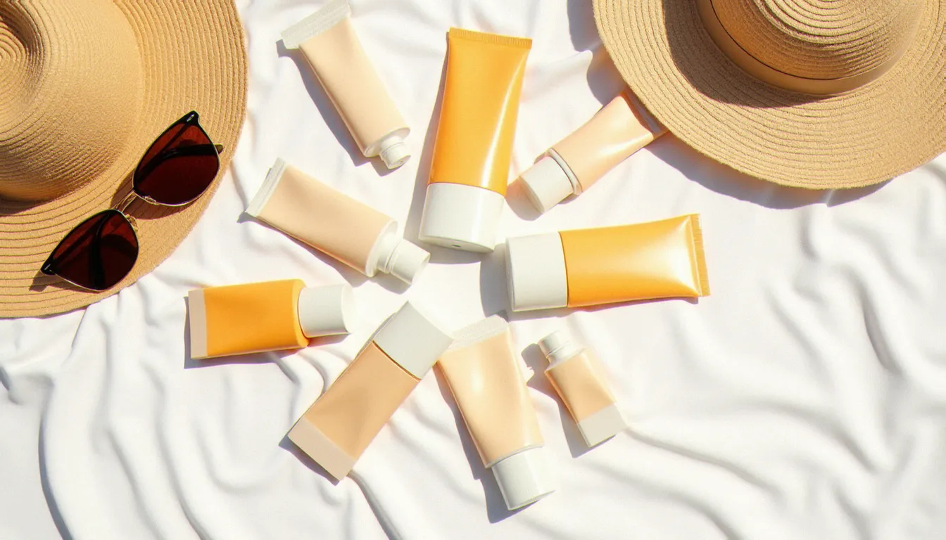 Différents produits de crème solaire pour bronzer posés sur une serviette blanche avec des accessoires de plage lors d'une journée estivale