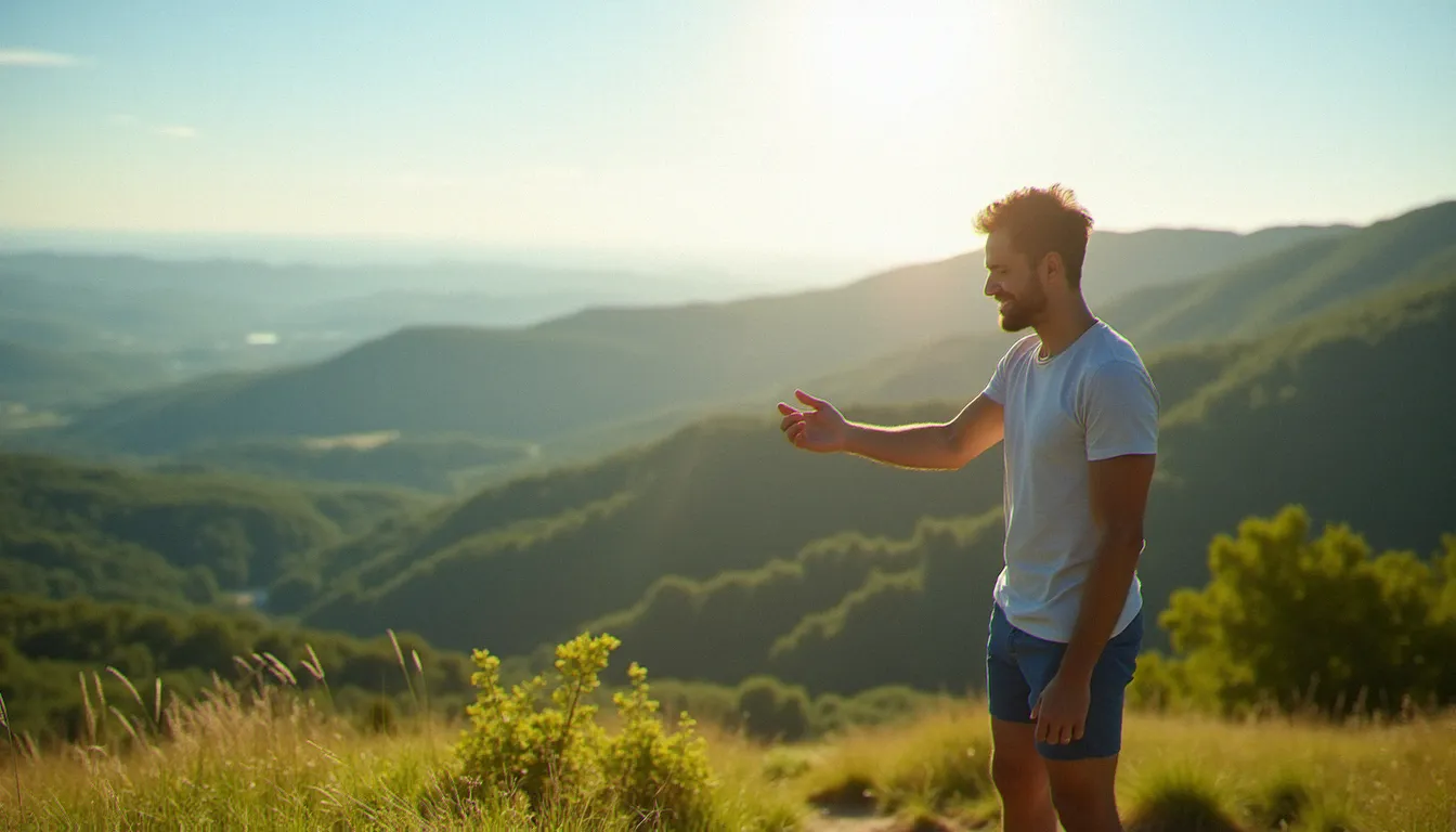 Randonneur appliquant de la crème solaire sur son bras au sommet d'une colline en Auvergne durant une escapade estivale en pleine nature