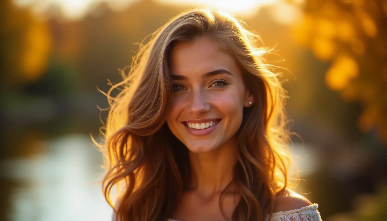 Femme aux cheveux ondulés avec de beaux reflets bronzés dorés obtenus par hair bronzing, photographiée en lumière naturelle automnale