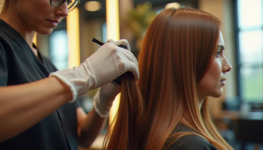 Coloriste appliquant une technique de hair bronzing sur cheveux châtains dans un salon lumineux aux reflets dorés