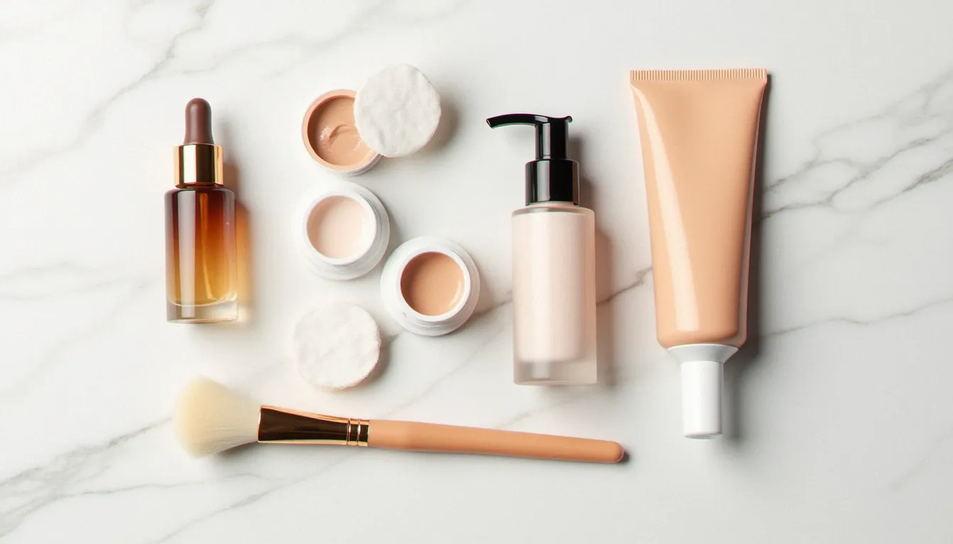 Sélection variée de produits autobronzants pour le visage posés sur un plan en marbre blanc, différentes textures et formats