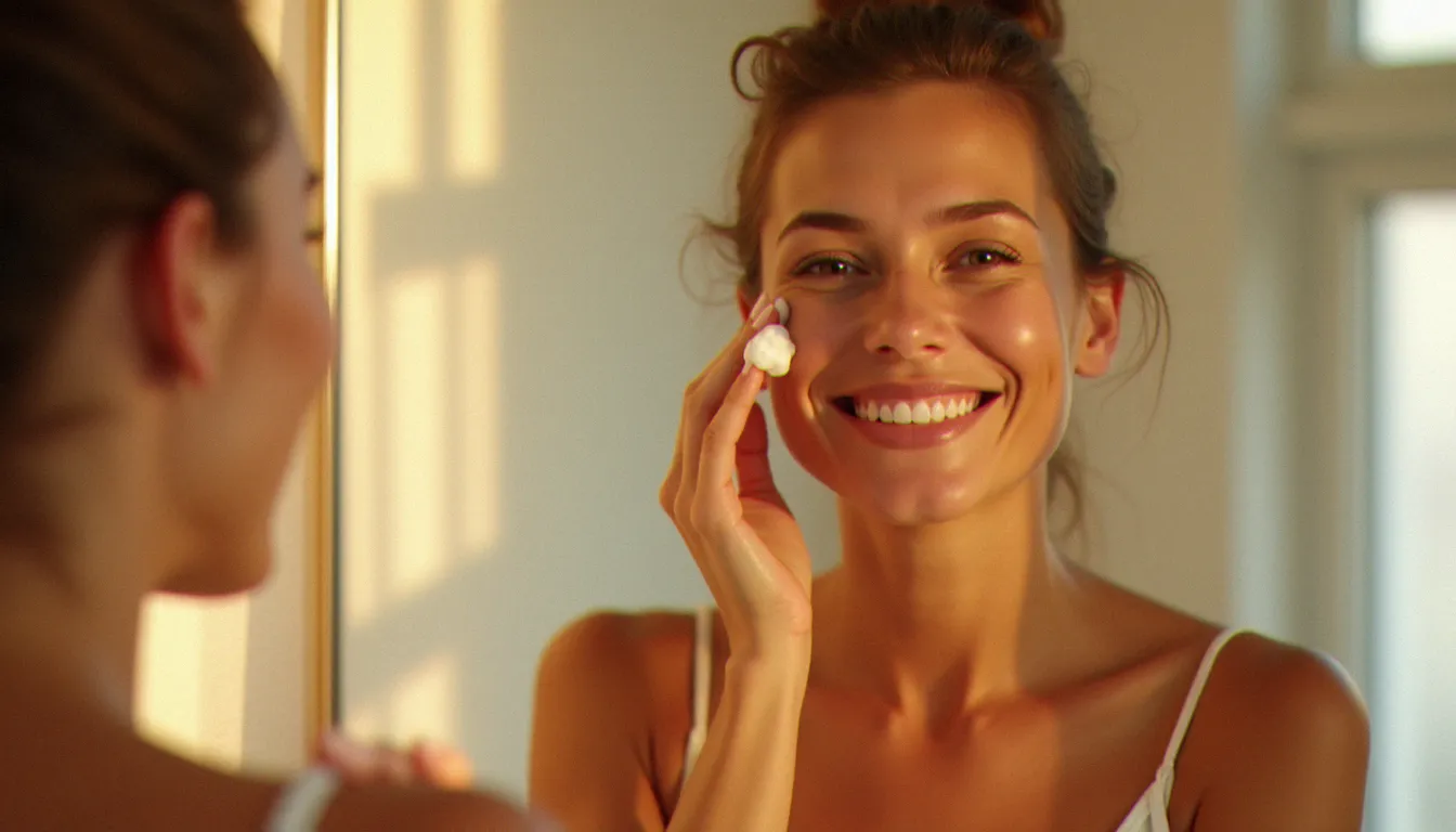 Femme au teint hâlé naturel souriant devant un miroir de salle de bain après application d'autobronzant visage, lumière douce du matin