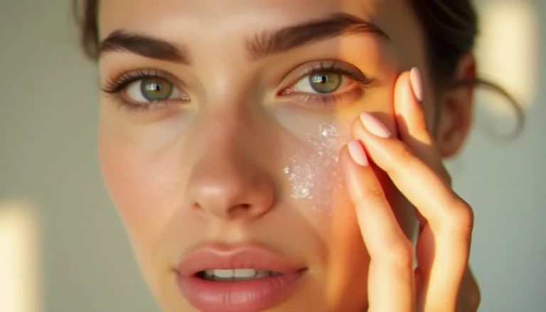 Femme appliquant le meilleur autobronzant pour le visage avec les doigts sous une lumière naturelle dorée
