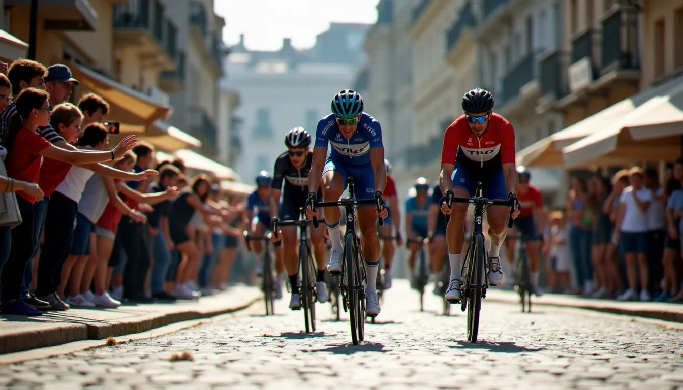 Cyclistes du peloton filant à vive allure dans les rues du centre de Vichy lors d'une étape du Tour de France 2026, spectateurs massés sur les trottoirs