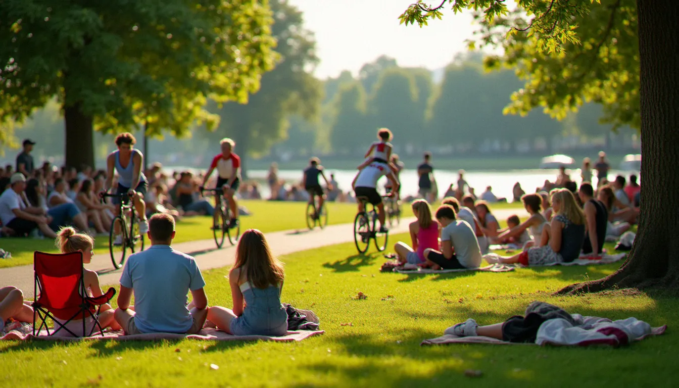 Familles et spectateurs installés dans le parc de l'Allier à Vichy pour regarder le passage de la 11e étape du Tour de France 2026, ambiance festive au bord du fleuve