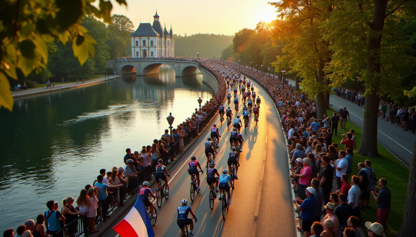 Le peloton de la 11e étape du Tour de France 2026 traversant les bords de l'Allier à Vichy sous le soleil de juillet, entouré de spectateurs enthousiastes