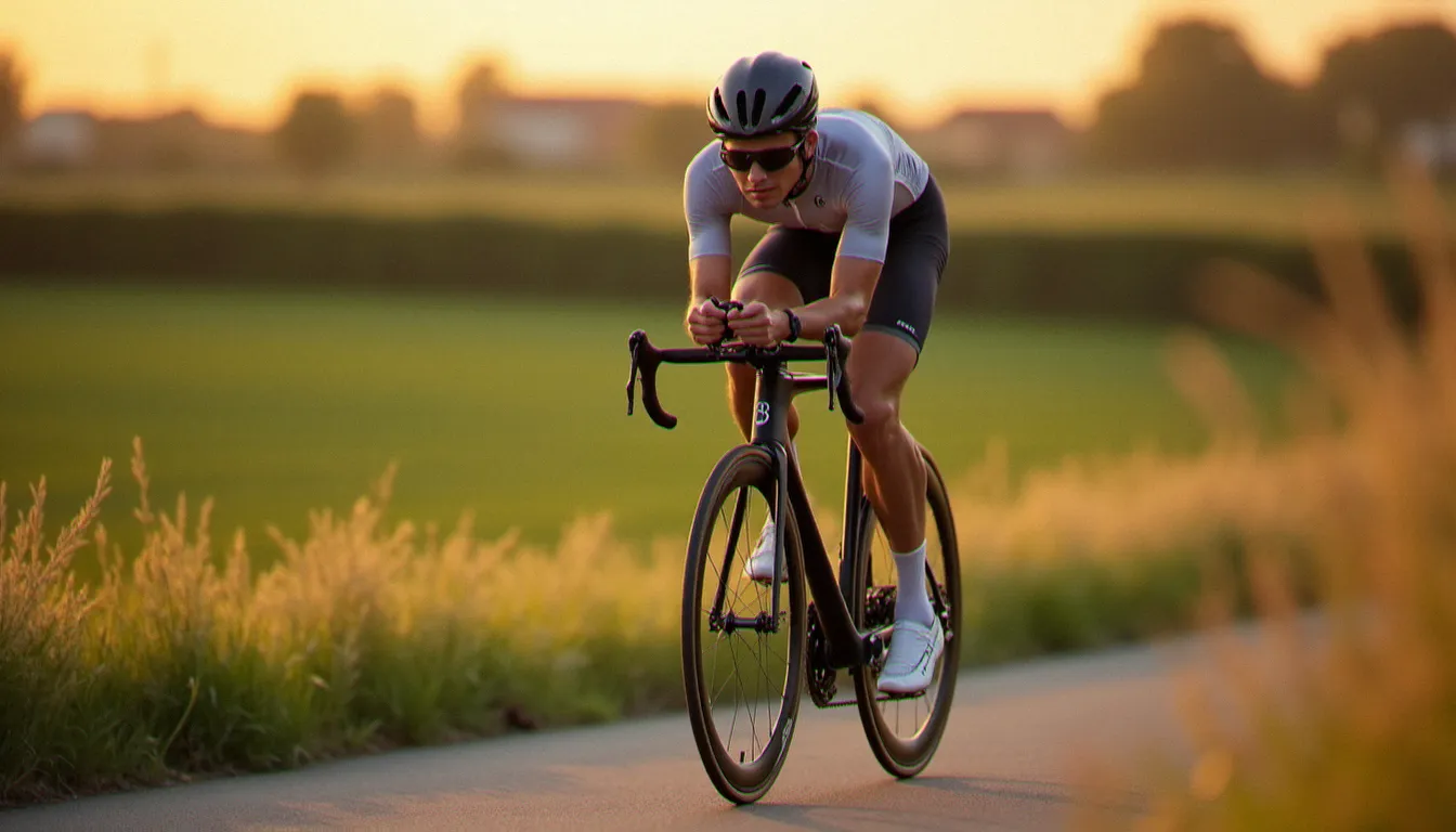 Cycliste professionnel en plein effort sur le parcours du contre-la-montre Cerilly-Vichy lors de la 19e étape du Tour de France 2008, dans les paysages du Bourbonnais