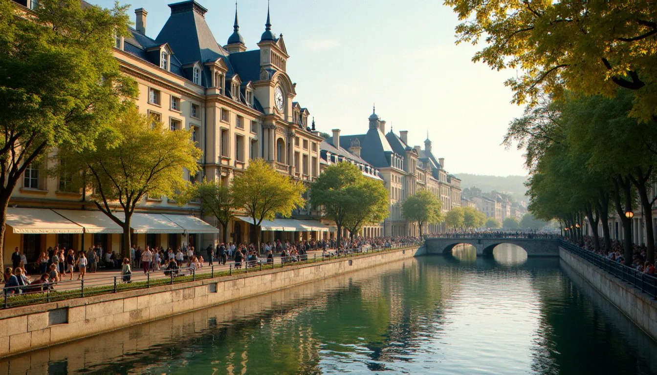 Le centre-ville de Vichy avec ses bâtiments thermaux Belle Époque et les bords de l'Allier, cadre emblématique de l'arrivée de la 19e étape du Tour de France 2008