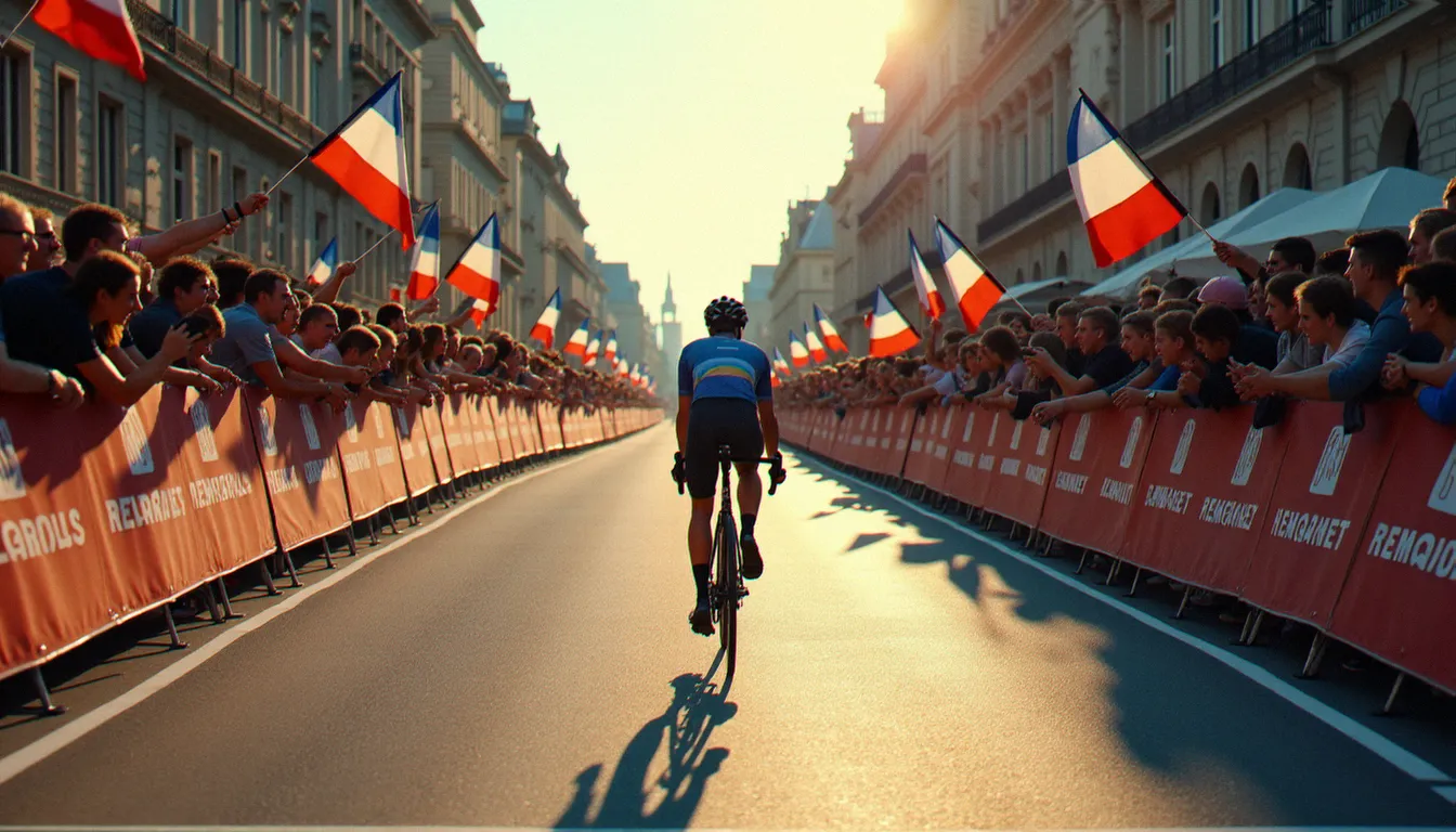 Un coureur cycliste en position de contre-la-montre franchit la ligne d'arrivée de la 19e étape du Tour de France 2008 à Vichy, sous les acclamations du public