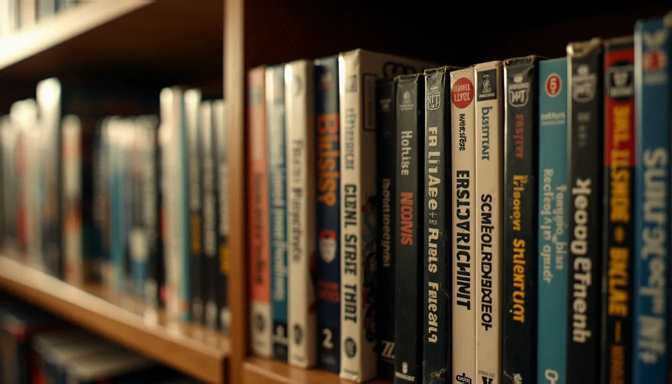 Collection de DVD et affiches de films français et hollywoodiens des années 2005, alignés sur une étagère en bois dans une lumière chaude de bibliothèque