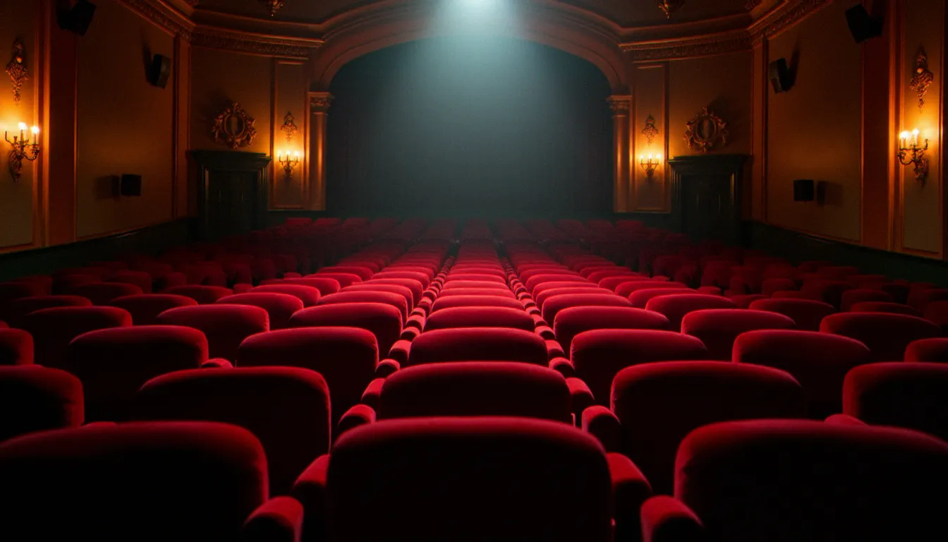Rangées de fauteuils en velours rouge dans une petite salle de cinéma française traditionnelle, avec un rayon de projecteur traversant l'obscurité, ambiance intime de cinéma de quartier