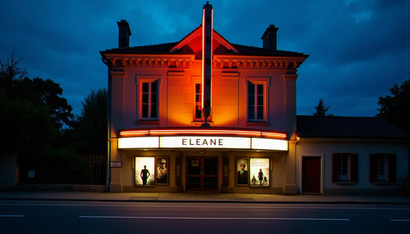Façade d'un cinéma de ville de province éclairée au crépuscule, évoquant l'ambiance des salles obscures de 2005 au cinéma