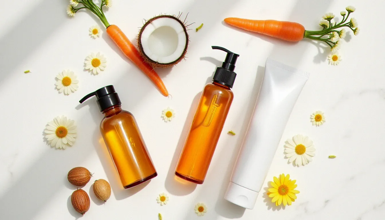 Comparatif de produits accélérateurs de bronzage avec leurs ingrédients naturels posés sur marbre blanc