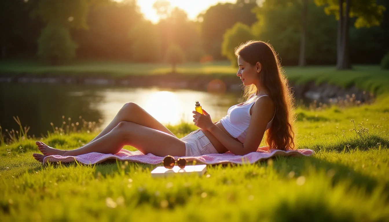 Personne appliquant un accélérateur de bronzage allongée sur l'herbe au bord d'une rivière en Auvergne par une belle journée d'été