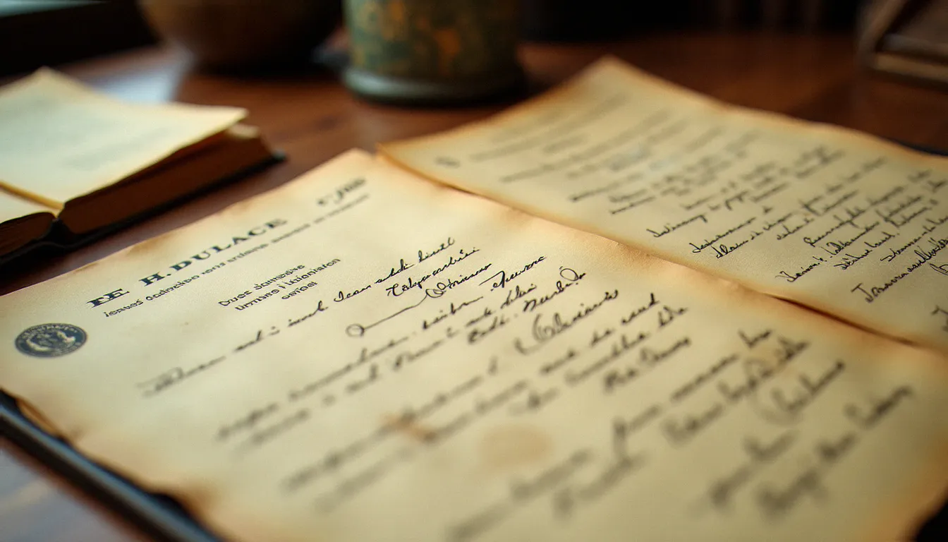 Documents officiels d'archives représentant des actes constitutionnels du régime de Vichy posés sur un bureau en bois