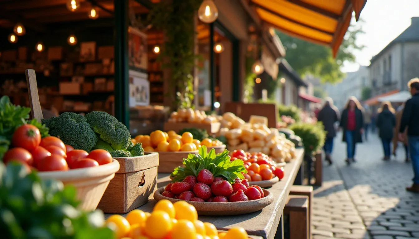 Marché local du samedi matin dans une commune de l'aire d'attraction de Vichy, avec des producteurs locaux et des étals de légumes et fromages auvergnats