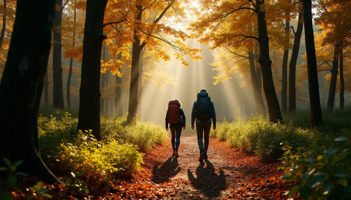 Randonneurs sur un sentier de la forêt de Randan, espace naturel situé dans l'aire d'attraction de Vichy, sous une lumière dorée filtrée par les châtaigniers
