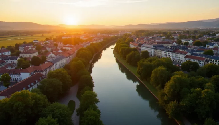 Vue aérienne de l'aire d'attraction de Vichy au coucher du soleil, avec le centre thermal, les berges de l'Allier et les communes environnantes