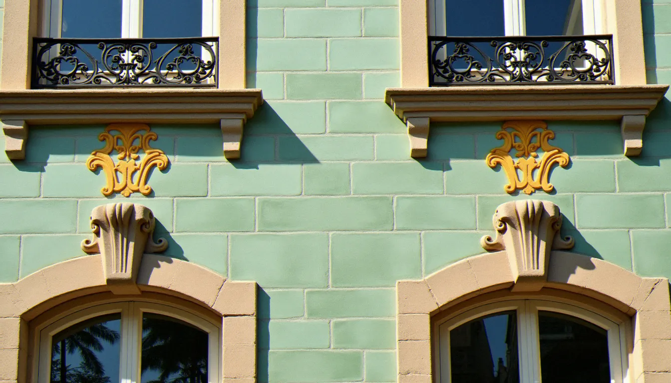 Détail de céramiques Art nouveau sur une façade d'immeuble du centre historique de Vichy, dans le périmètre de protection patrimoniale