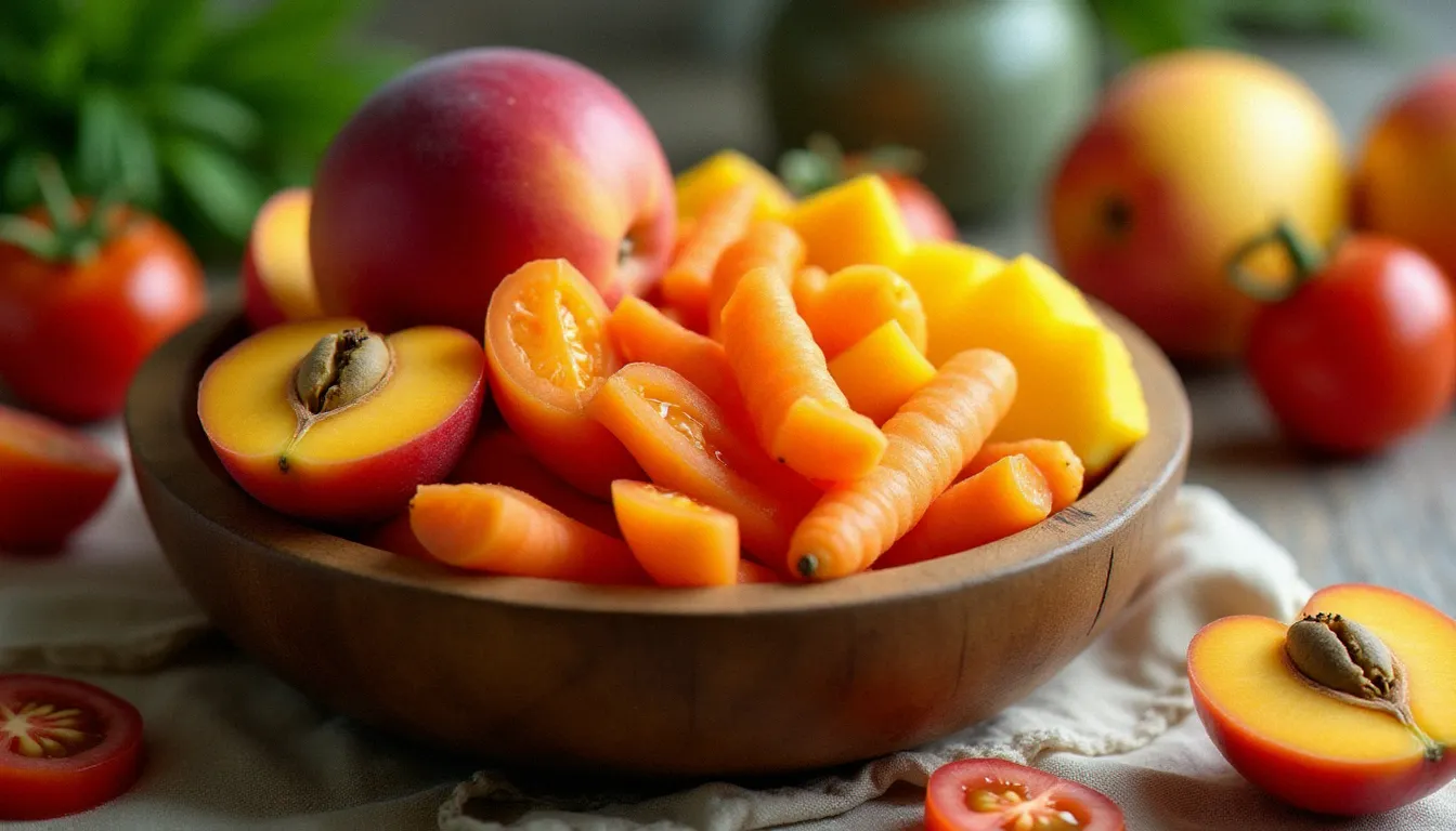 Bol de fruits et légumes riches en bêta-carotène et lycopène, aliments recommandés pour accélérer le bronzage naturellement