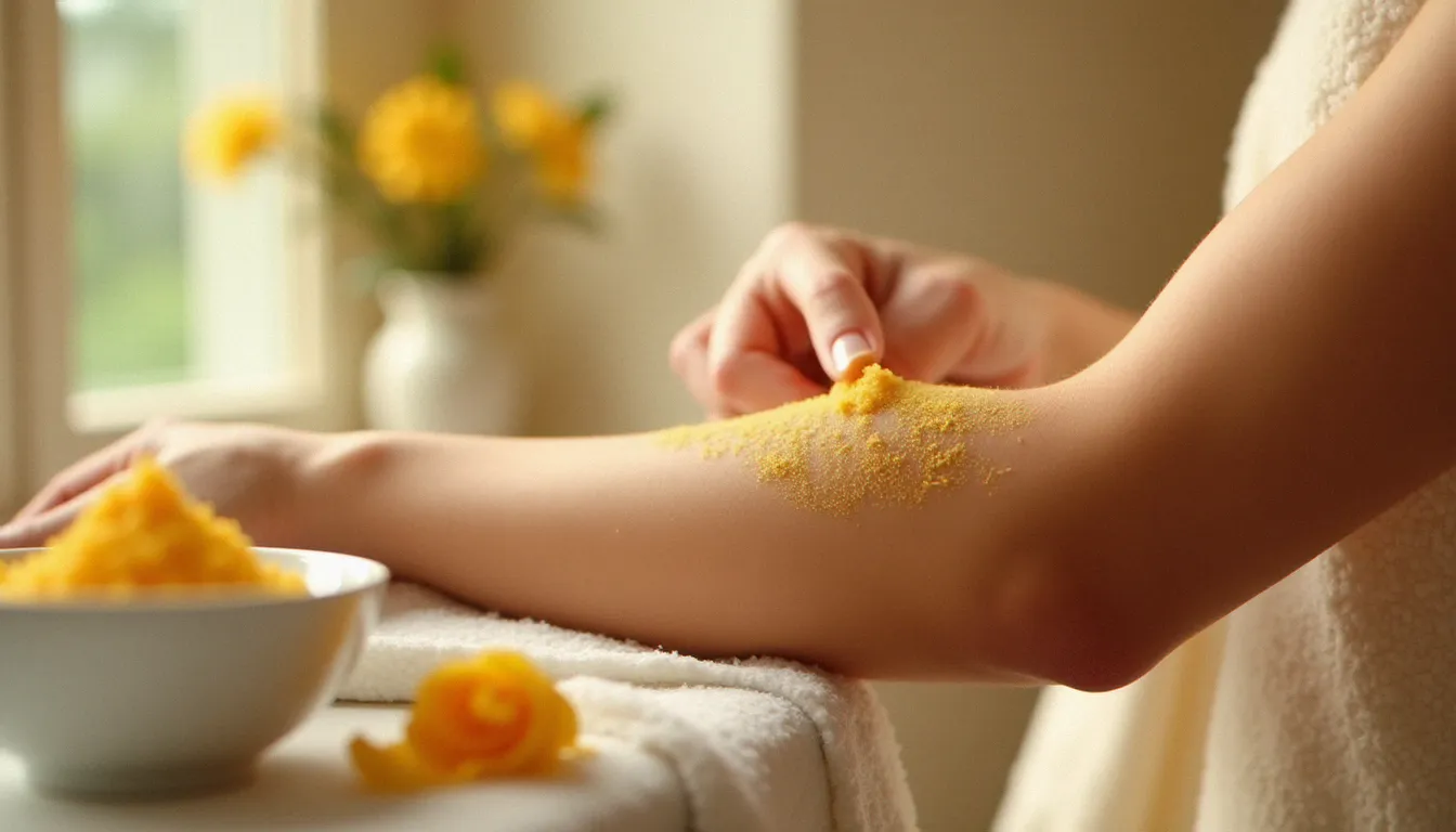 Application d'un gommage exfoliant sur la peau avant une exposition solaire, étape clé pour préparer la peau au bronzage