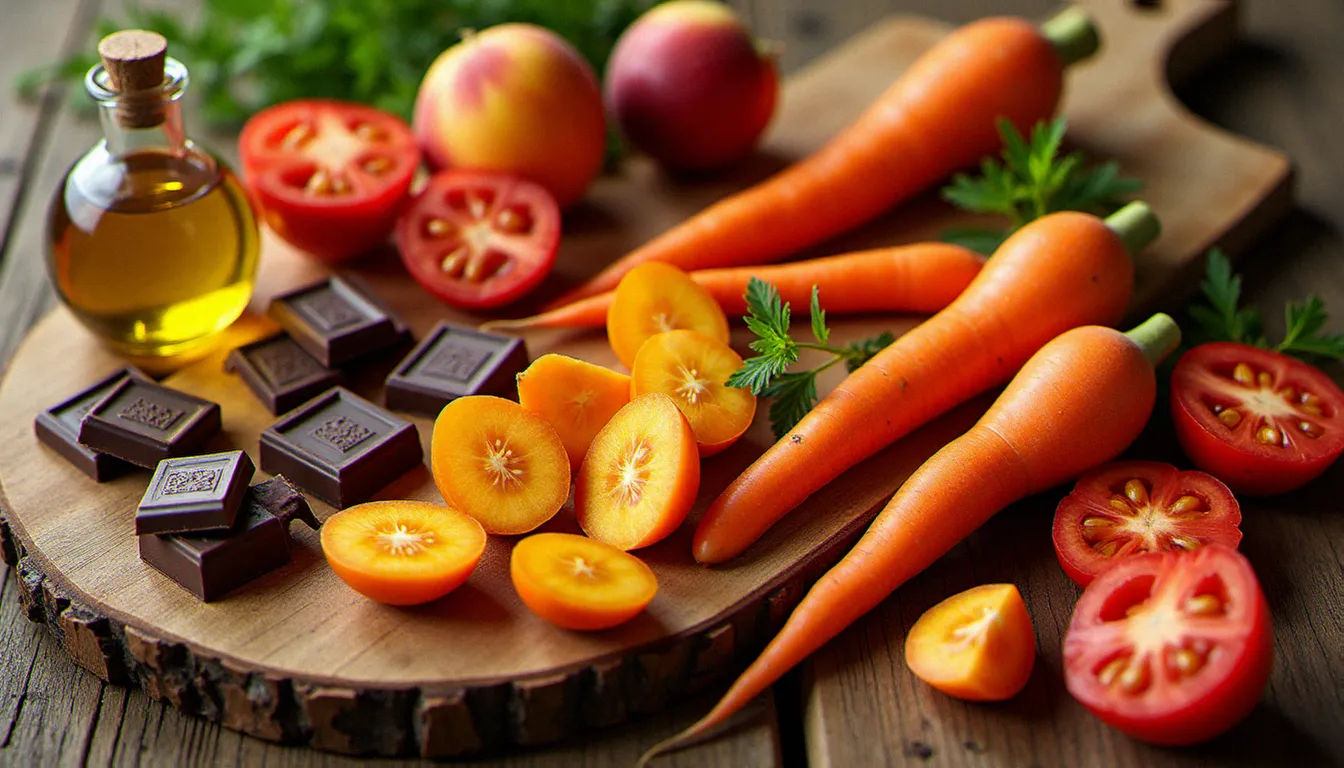 Sélection d'aliments riches en bêta-carotène et lycopène disposés sur une table en bois, alimentation recommandée pour bronzer plus vite naturellement
