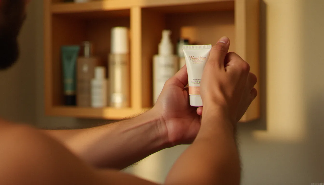 Gros plan sur la main d'un homme tenant un tube d'autobronzant homme posé sur une étagère en bois avec d'autres produits de soin