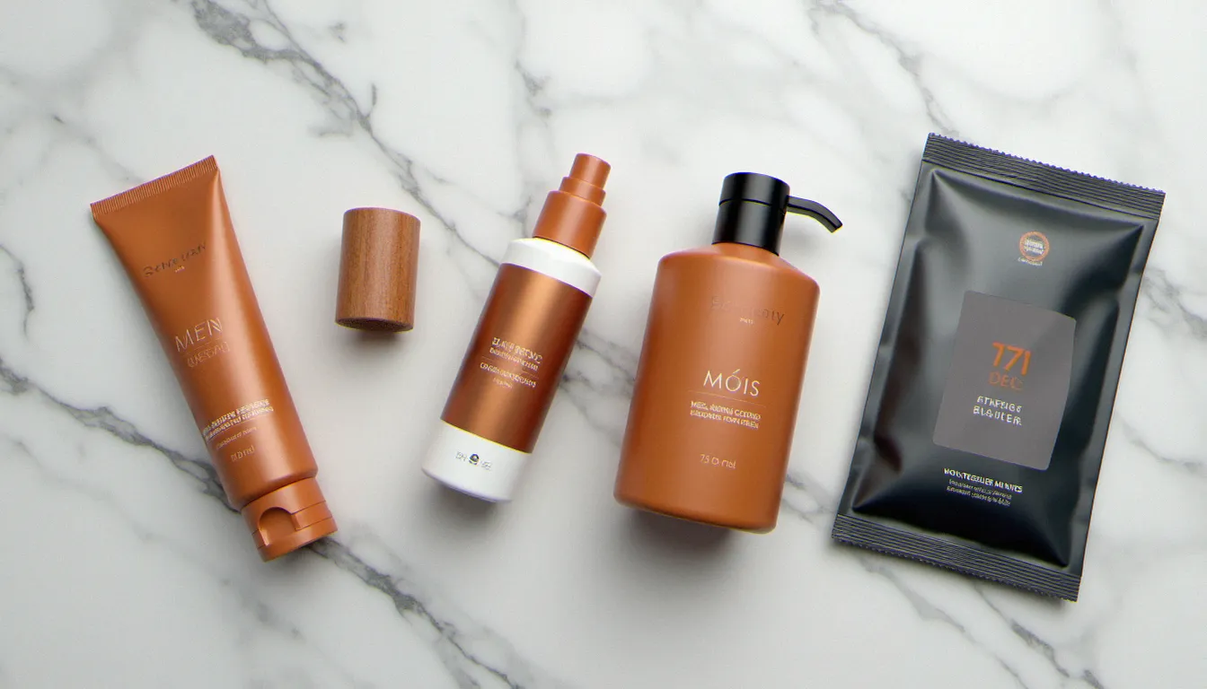 Différentes formes d'autobronzant homme disposées sur un plan en marbre — mousse, sérum, spray et lingettes — vus de dessus