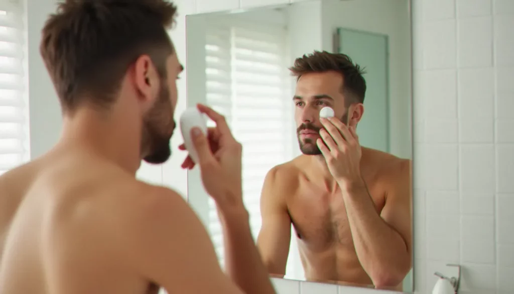 autobronzant homme featured Homme appliquant un autobronzant homme devant un miroir dans une salle de bain lumineuse, teint naturellement hâlé