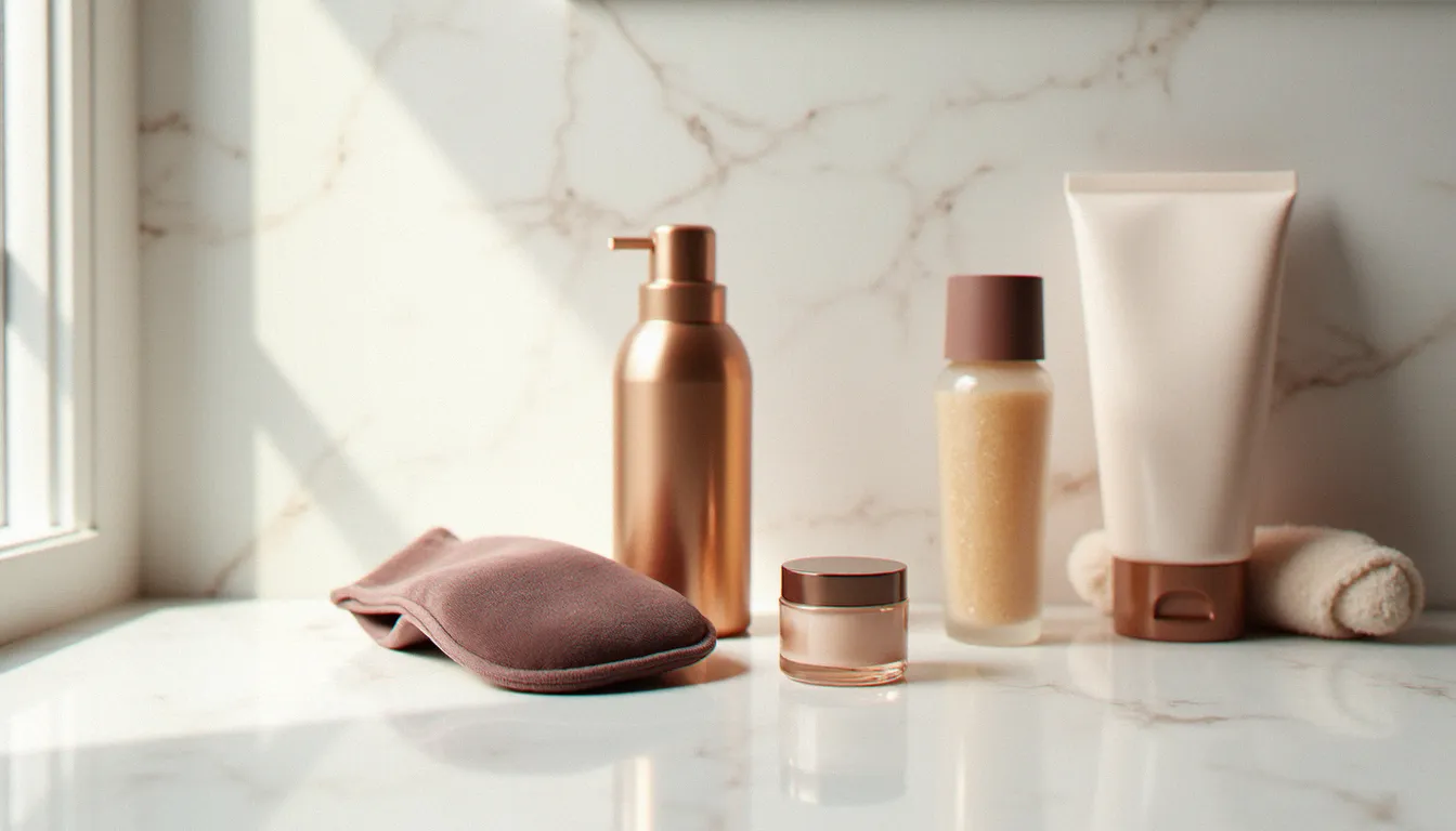Sélection de produits autobronzants pour jambes disposés sur une surface en marbre blanc : mousse bronzante, gant d'application en velours et crème hydratante