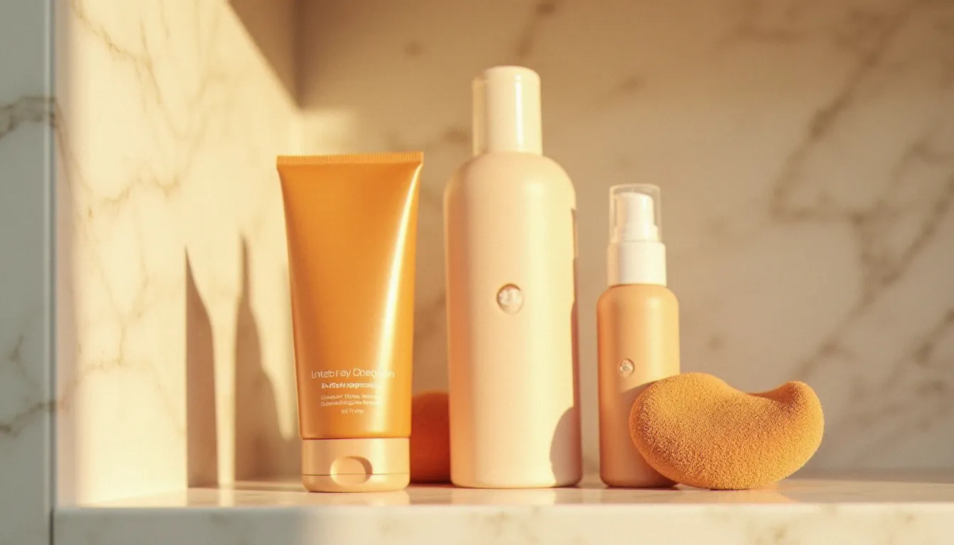 Gamme de produits autobronzants pour jambes sur une étagère de salle de bain, incluant mousse, lotion et gant d'application