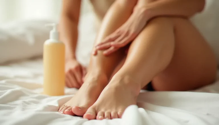 Application d'autobronzant pour jambes avec une lotion dorée sur une peau lisse, lumière naturelle douce
