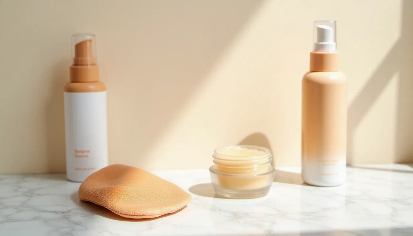 Comparatif de produits autobronzants pour les jambes — mousse, lait, gant de pose et gommage sur surface marbre blanc