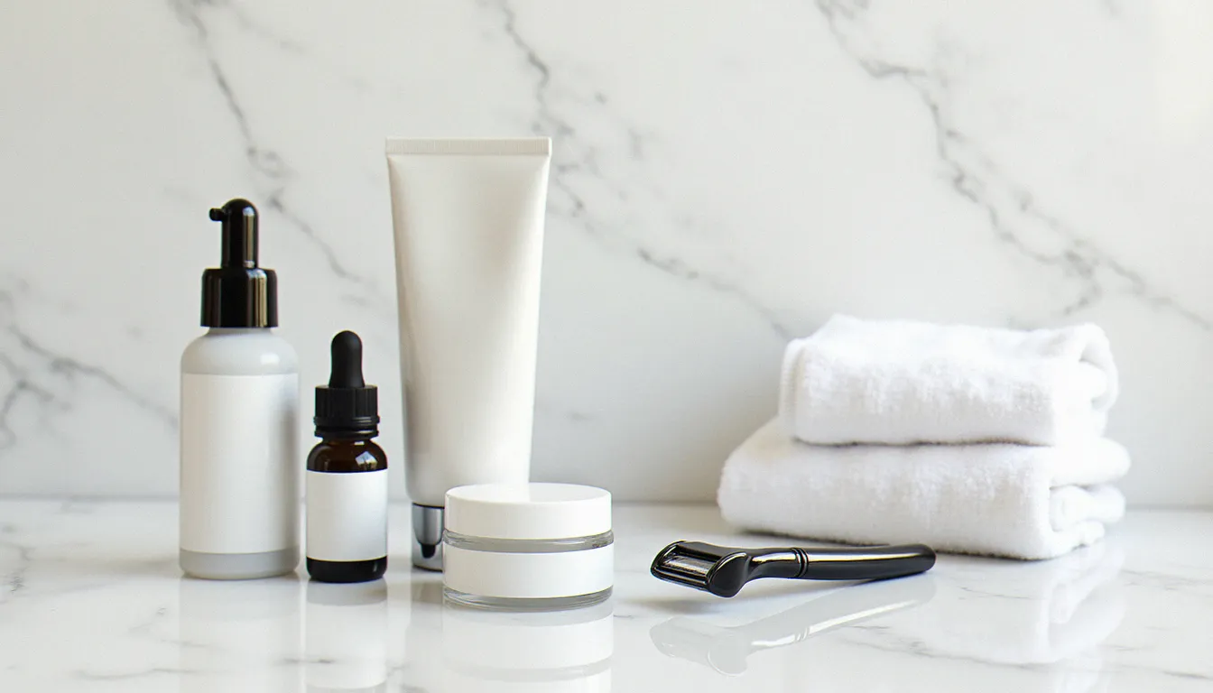Produits autobronzants pour homme disposés sur un plan de travail en marbre blanc avec rasoir et serviette