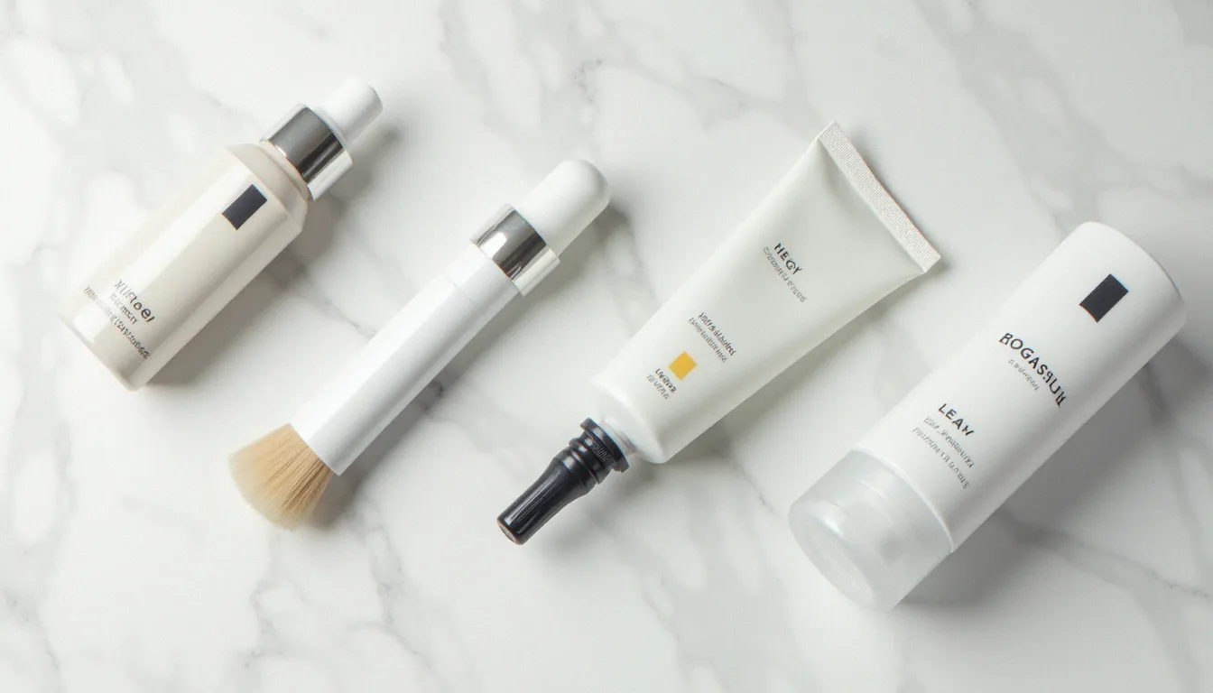 Gamme de produits autobronzants visage pour homme disposés sur marbre blanc, sérum, pinceau applicateur et crème solaire