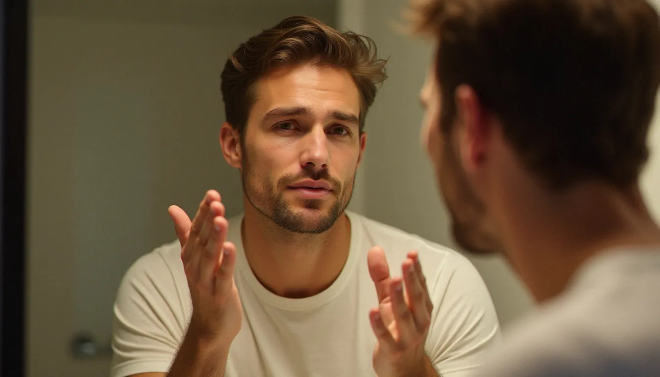 Homme au teint bronzé naturel vérifiant l'application de son autobronzant visage dans un miroir de salle de bain
