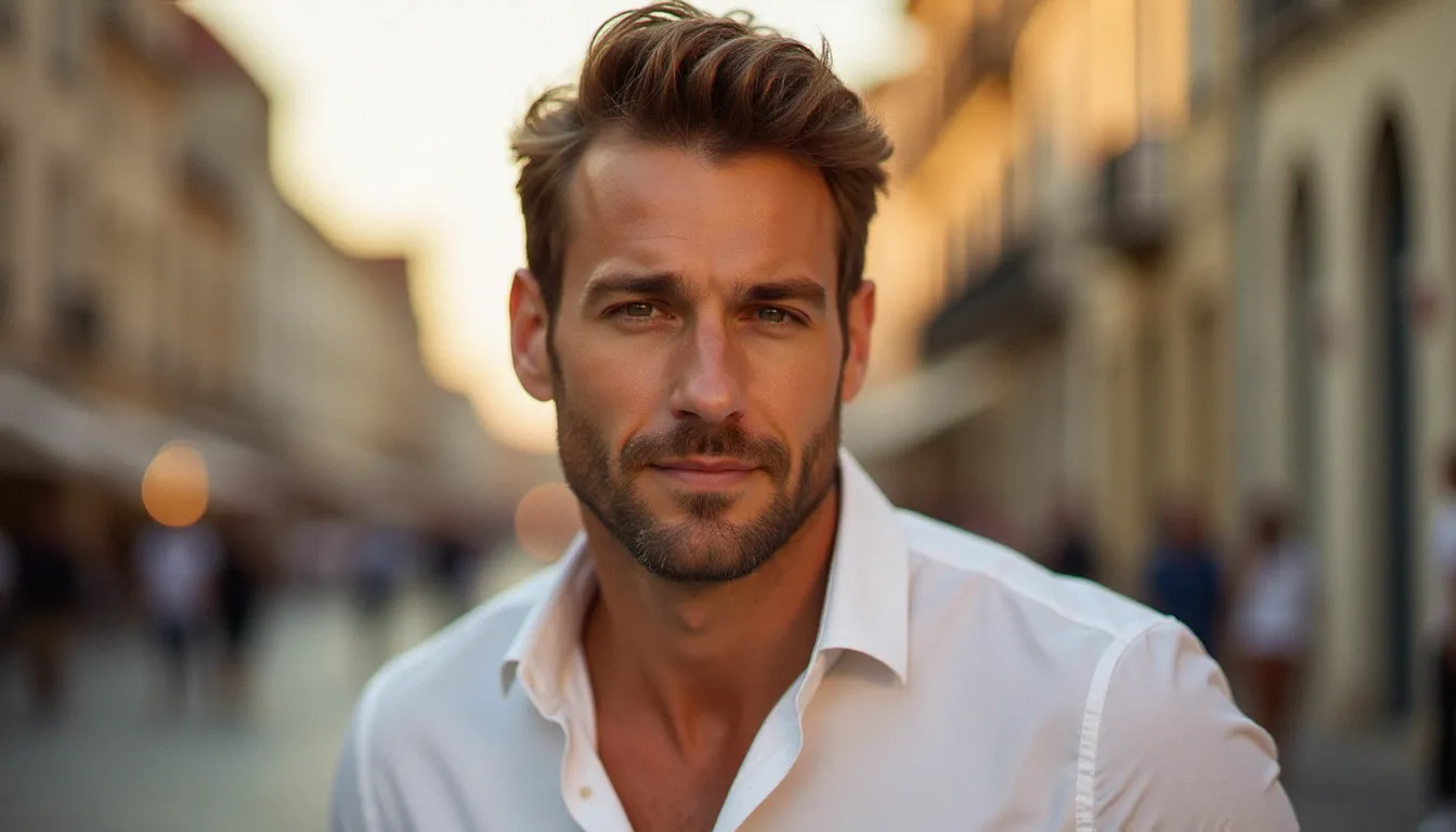 Homme avec un teint hâlé naturel obtenu avec un autobronzant visage, photographié en lumière dorée dans une rue française