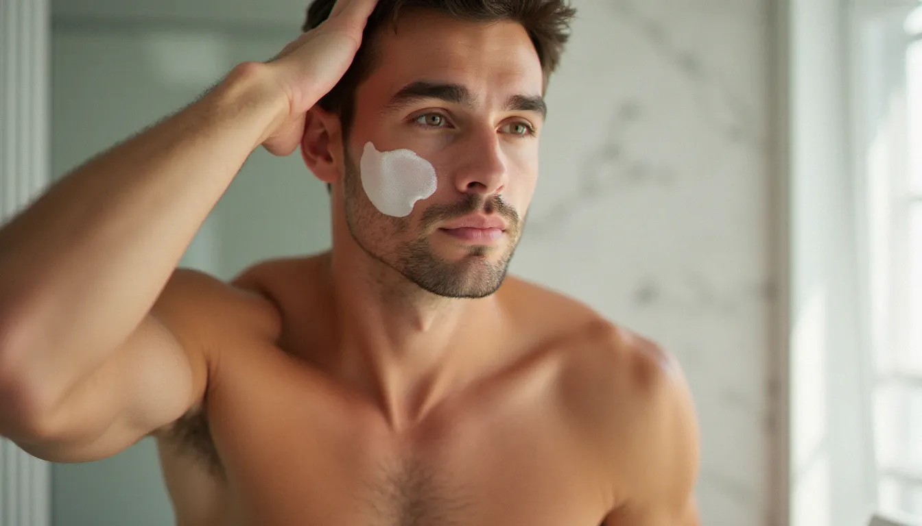 Homme appliquant un autobronzant visage sur une peau propre dans une salle de bain lumineuse aux tons clairs