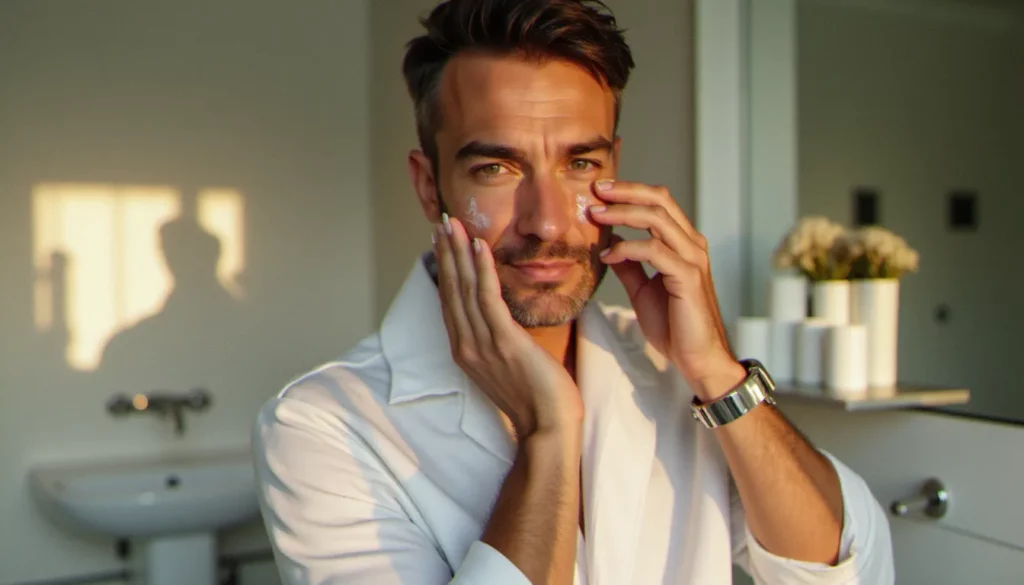 autobronzant visage pour homme featured Homme appliquant un autobronzant visage devant un miroir de salle de bain lumineuse, geste précis sur la joue