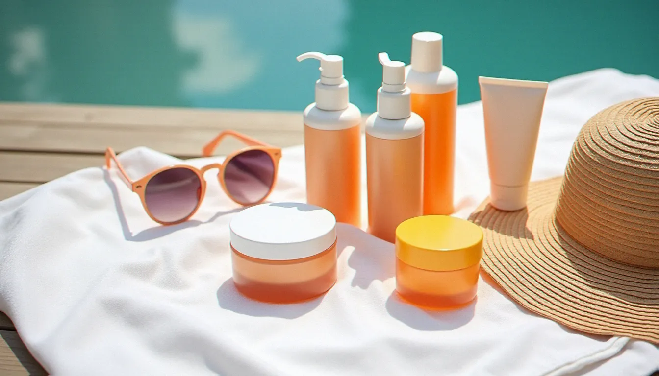 Sélection de crèmes bronzantes et autobronzants posés sur une serviette en lin au bord de l'eau, matériel de bronzage crème pour l'été