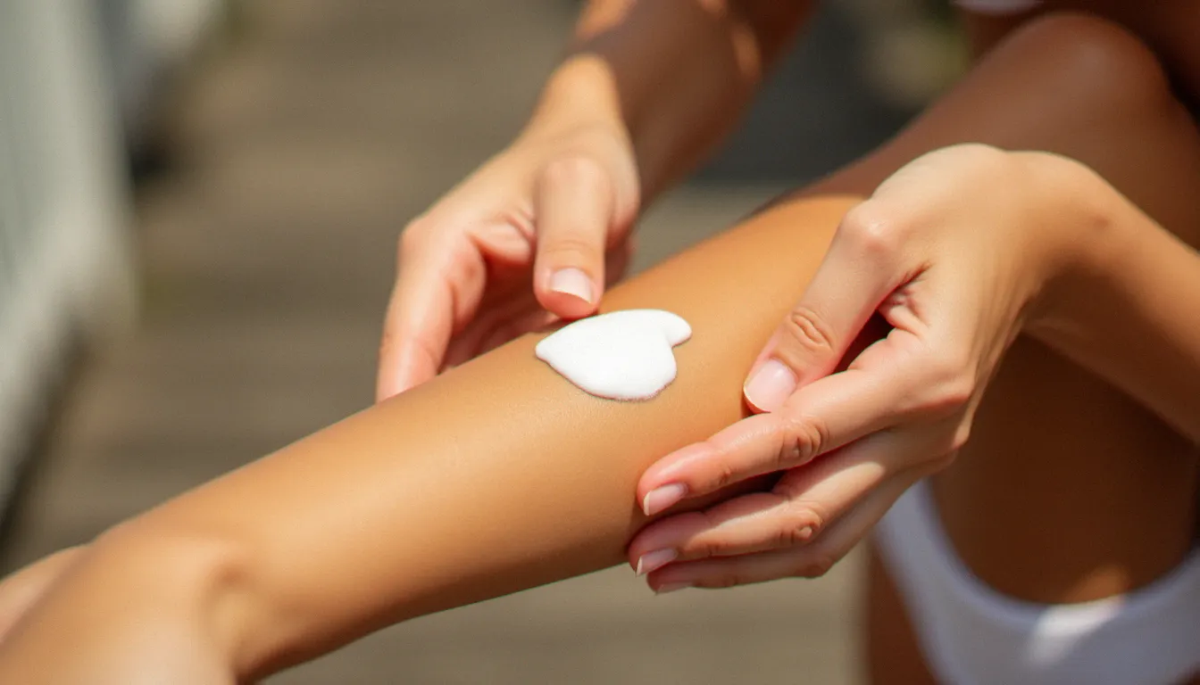 Application de crème solaire sur une peau au bronzage doré pour préparer la peau avant l'exposition au soleil