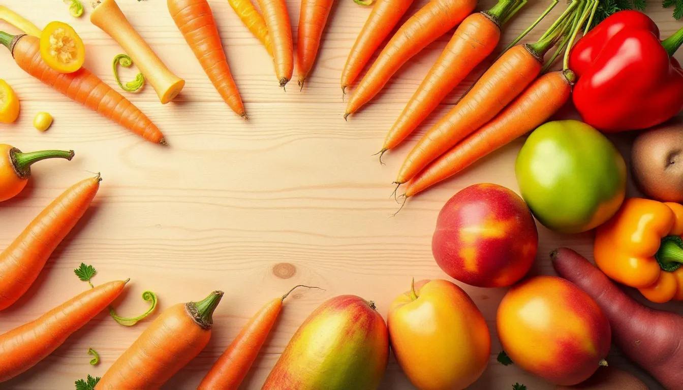 Assortiment de fruits et légumes riches en bêta-carotène pour favoriser un bronzage doré de l'intérieur, disposés sur une surface en bois clair